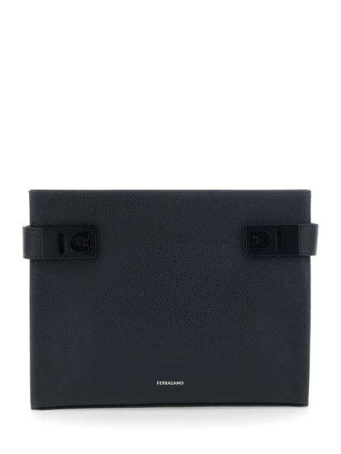 FERRAGAMO Ferragamo Men Black Clutch With Hug Side Buckles And Logo In Leather For Men