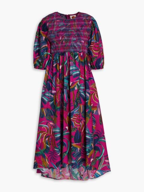 FARM RIO Smocked printed cotton-poplin midi dress