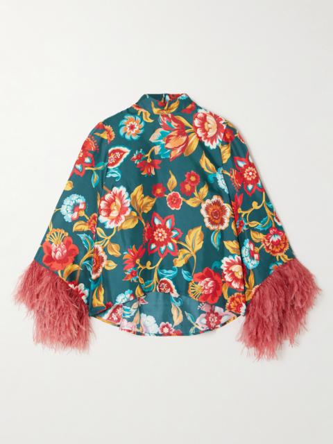 La DoubleJ Make An Exit Feather-trimmed Floral-print Silk-twill Top