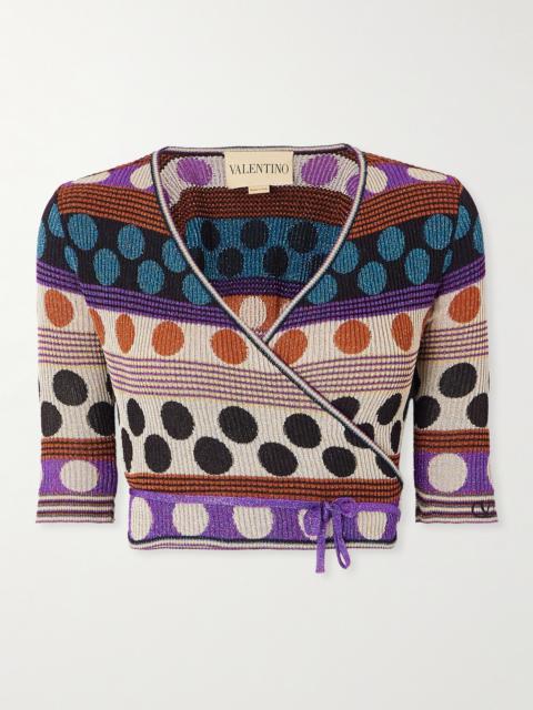 Valentino Cropped Ribbed Metallic Jacquard-knit Wrap Cardigan