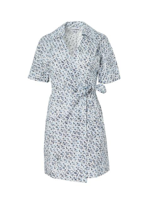 GANNI BLUE FLORAL PRINTED COTTON WRAP MINI DRESS