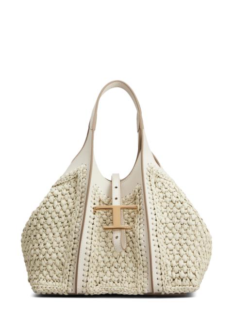 Tod's Tod's Mini T Timeless Crochet Raffia & Leather Shopping Bag in Mastice/Bianco Calce at Nordstrom