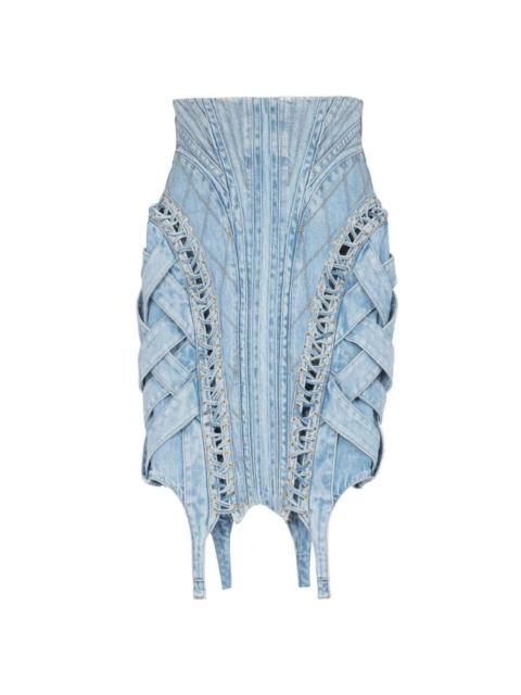 Balmain High-waist Lace-up Denim Skirt