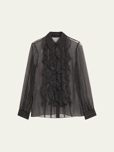 DIANE VON FURSTENBERG Eva Sheer Pinstripe Script Ruffle Blouse