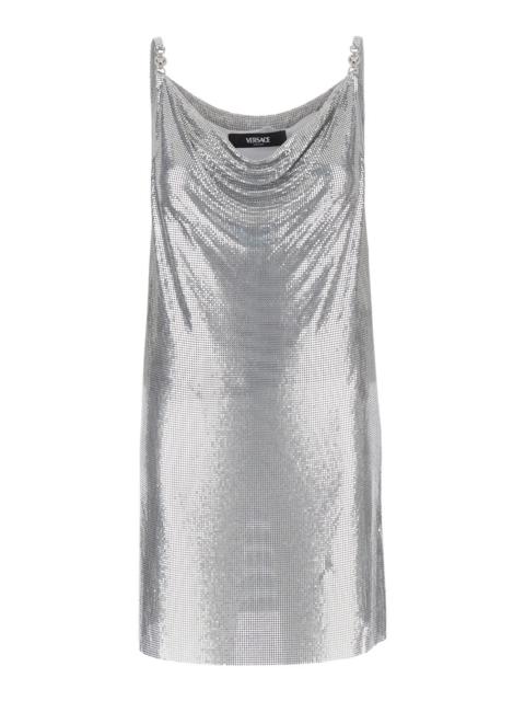 Versace Women Metallic Short Dress With Draped Neck In Metal Mesh Woman