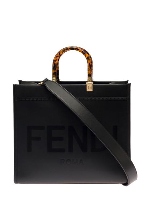 FENDI Fendi Women 'Sunshine' Black Handbag With Embossed Logo And Tortoiseshell Handles In Leather Woman
