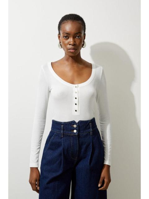 KAREN MILLEN Lux Viscose Rib Jersey Long Sleeve Scoop Neck Top