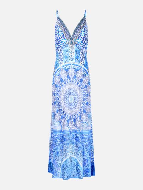 CAMILLA V-NECK LONG BIAS SLIP DRESS WITH TRAIN