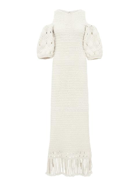 Levana Fringe Crochet Maxi Dress in Ivory Cashmere