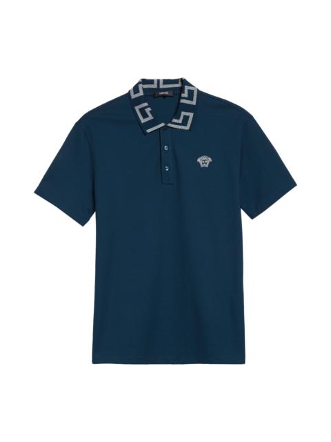 VERSACE Versace Metallic Greca Collar Piqué Polo in Petrol Blue at Nordstrom