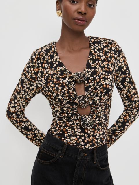 FARM RIO Tiny Flowers Black Jersey Blouse