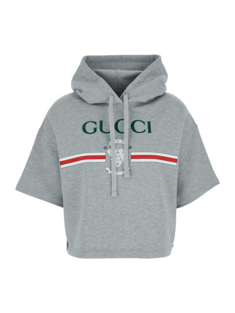 GUCCI Gucci Women Grey Crop Sweatshirt With Hood And Lettering Logo Printed On The Front In Cotton Woman