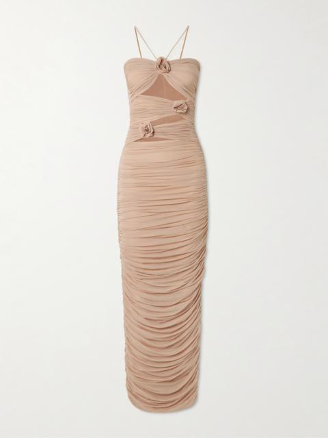 MAYGEL CORONEL Veranera Appliquéd Ruched Cutout Stretch-jersey Halterneck Maxi Dress