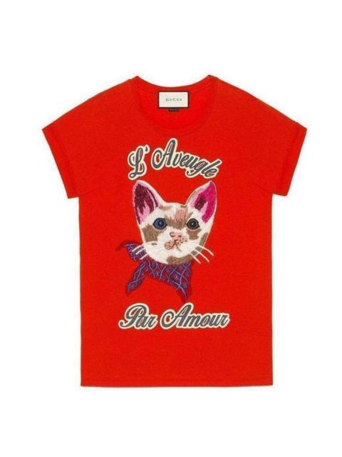 GUCCI Cat Embroidered Cotton-Jersey T-shirt