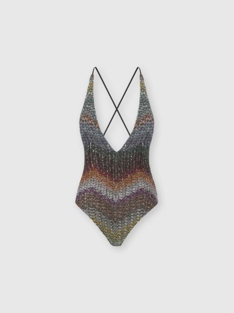 Missoni Missoni One-piece V-neck Swimsuit In A Greek-style Zigzag Knit With Sequins in Multicoloured at Nord