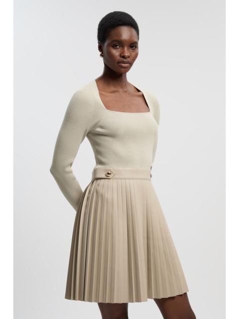 KAREN MILLEN Viscose Rib Pu Mix Tab Detail Pleated Knit Mini Dress