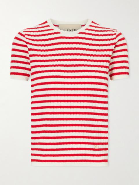 Valentino Embellished Striped Ribbed Cotton T-shirt