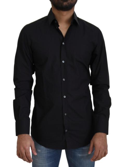 Dolce & Gabbana Black Cotton Slim Fit Formal Dress GOLD Shirt