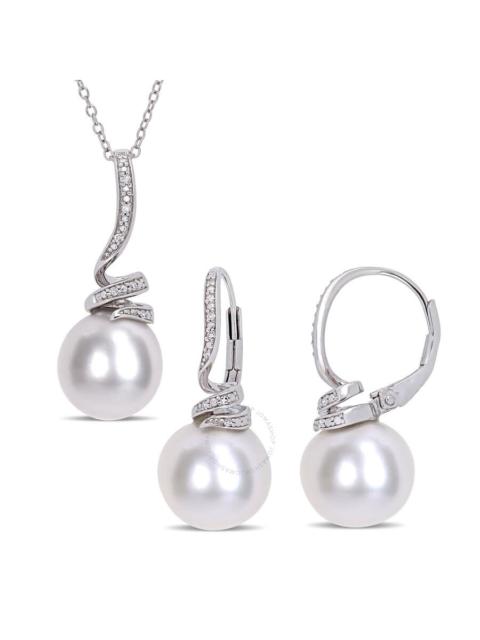 Other Designers AMOUR 11-12mm Cultured Freshwater Pearl and 1/10 CT TW Diamond Spiral Earrings and Pendant Set In St