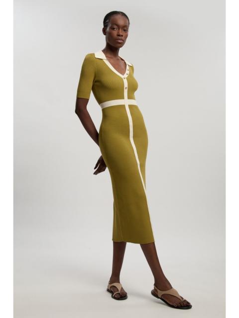 KAREN MILLEN Knit Rib With Contrast Waist Detail Collared Short Sleeve Midi Dress