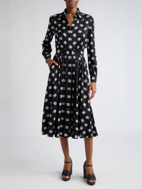 Dolce & Gabbana Pleated Monogram Logo Long Sleeve Stretch Silk Charmeuse Midi Dress