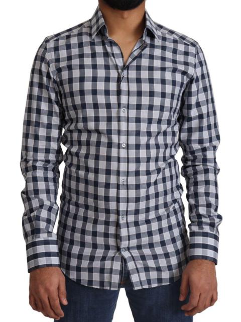 Dolce & Gabbana Blue White Check Cotton Slim Fit GOLD Shirt