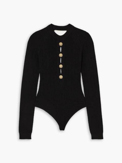 Balmain Open-back button-embellished ribbed-knit bodysuit