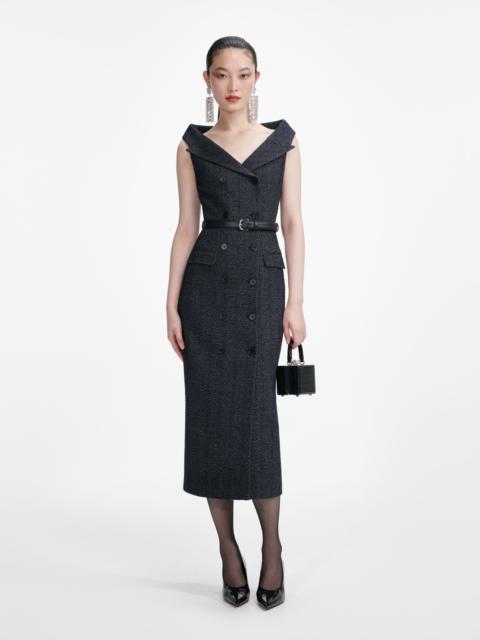 self-portrait Navy Herringbone Wool Midi Dress