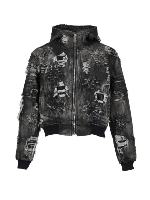 Thug Club HARD-WASHED DAMAGED DENIM HOODED ZIP-UP / BLK