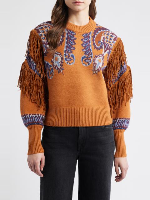 FARM RIO FARM Rio Arabesque Scarf Fringe Knit Sweater in Brown at Nordstrom