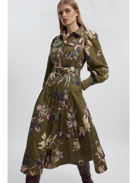 KAREN MILLEN Floral Print Cotton Sateen Woven Midi Shirt Dress