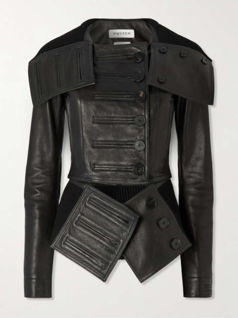 Paneled leather and ribbed cotton-blend jacket Black