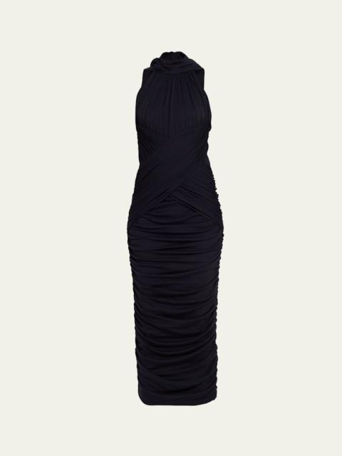 Balmain Draped Crisscross Jersey Halter Midi Dress