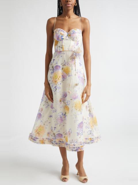 Zimmermann Zimmermann Luna Ruffle Linen & Silk Corset Midi Dress in Cream Dahlia at Nordstrom