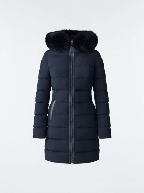 MACKAGE CALLA Agile-360 stretch light down coat with blue fox fur collar