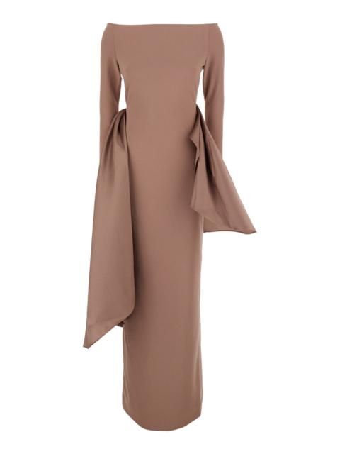 SOLACE LONDON Solace London Women 'Kiana' Brown Long Dress With Boat Neckline And Maxi Draped Detail In Tech Fabri