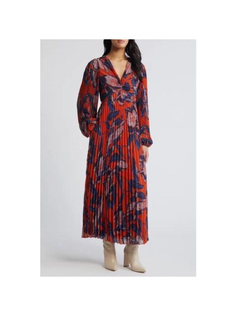 Other Designers NWT Chelsea28 Floral Print Pleated Long Sleeve Dress Rust Blue Floral Sz XS $149