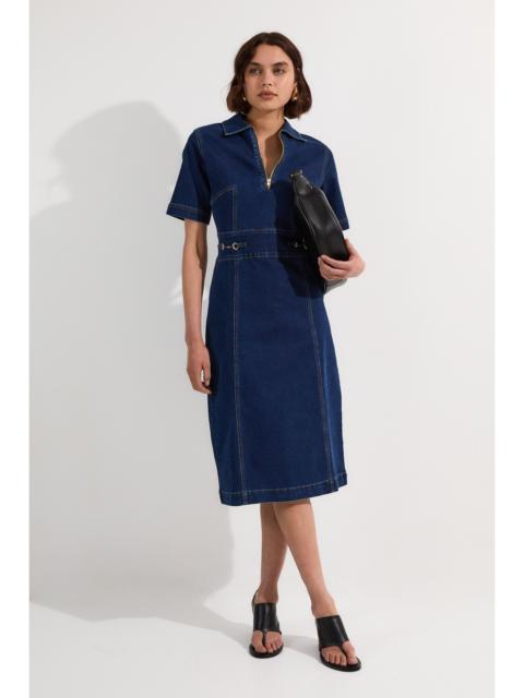 KAREN MILLEN Stretch Denim Snaffle Trim Collared Midi Dress