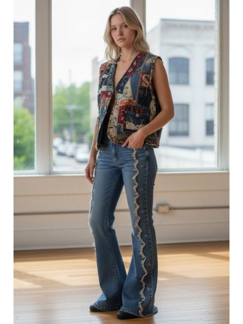 Other Designers Fragment Design - UNIFEEL Gemstones Studded Frayed Stretch Denim Flare Jeans