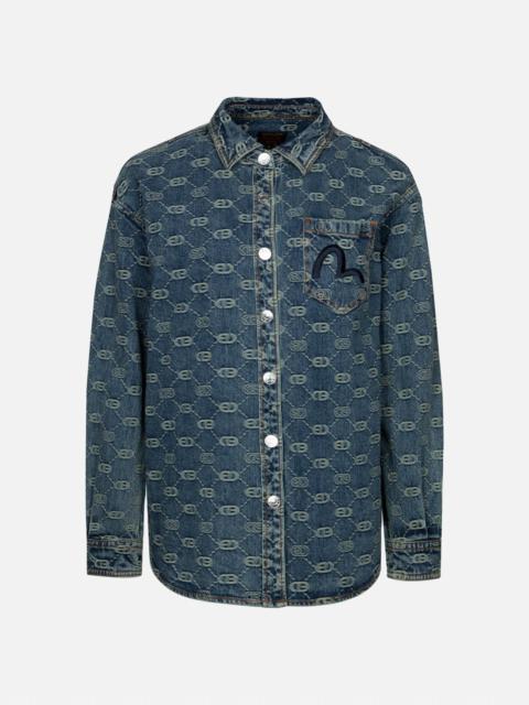 EVISU Allover Logo Jacquard and Seagull Embroidery Boyfriend Fit Denim Shirt Jacket
