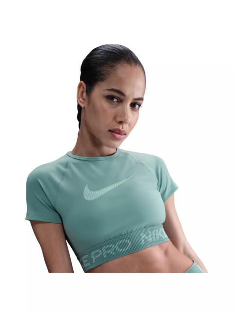Nike Women's Pro Dri-FIT Short-Sleeve Cropped Graphic Top -Green