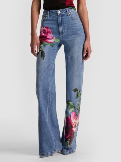 Alice + Olivia Alice + Olivia Chic Placed Floral Wide Leg Jeans in Denver Bright Blue Bloom at Nordstrom