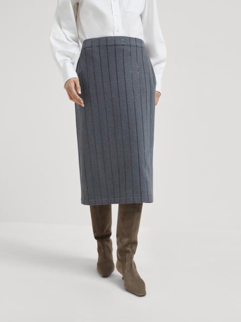Brunello Cucinelli Cotton smooth French terry midi skirt with dazzling chalk stripe embroidery