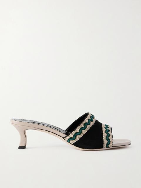 Manolo Blahnik Marebis 50 Embroidered Raffia-trimmed Suede Mules