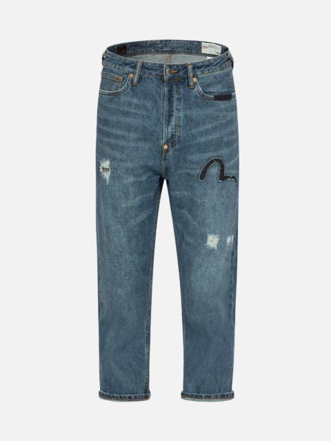 EVISU WASHED AND DISTRESSED SEAGULL PATCHWORK AND LOGO EMBROIDERY CROPPED JEANS #2027