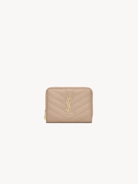 SAINT LAURENT CASSANDRE MATELASSÉ COMPACT ZIP AROUND WALLET IN GRAIN DE POUDRE LEATHER