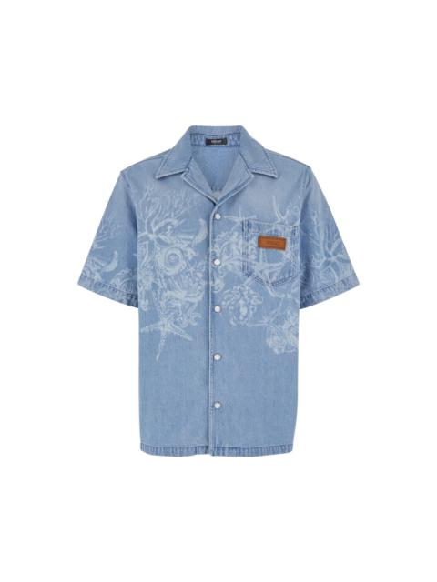 Light Blue Barocco Shirt With Barocco Sea Print In Cotton Denim Man