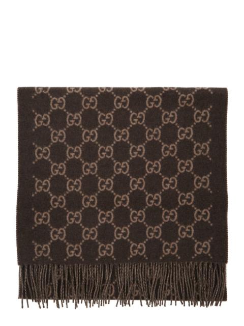 GUCCI Gucci Men Brown Scarf With All-Over Gg Motif And Fringed Hem In Cashmere Man