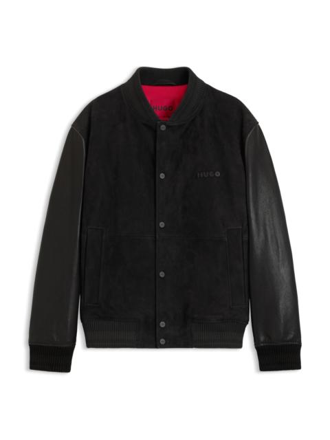 HUGO SUEDE BOMBER JACKET WITH GRAINED-LEATHER SLEEVES