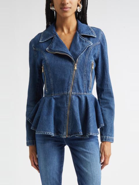 L'AGENCE L'AGENCE Moxie Denim Peplum Biker Jacket in Norton at Nordstrom